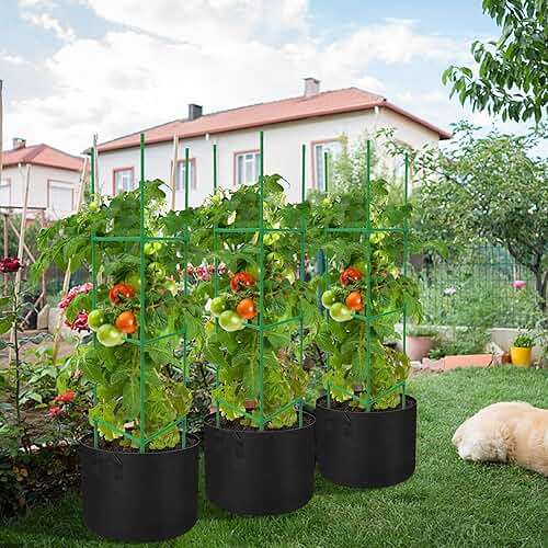 4 Packs 47 x 12 Inch Garden Tomato Cages with Grow Bags- Triangle Plant Support Trellis Assembled with Planter Bags- Garden Cucumber Vegetables Frames for Vertical Climbing Plants - Image 7