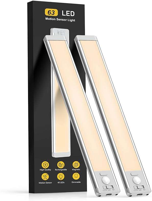 MCGOR 14.7inch Under Cabinet Lighting, 2 Pack Rechargeable Motion Sensor Light Indoor, 5 Levels Dimmable Magnetic Closet Lights, Wireless Under Counter Lights for Kitchen, Stairs,Hallway - Image 1