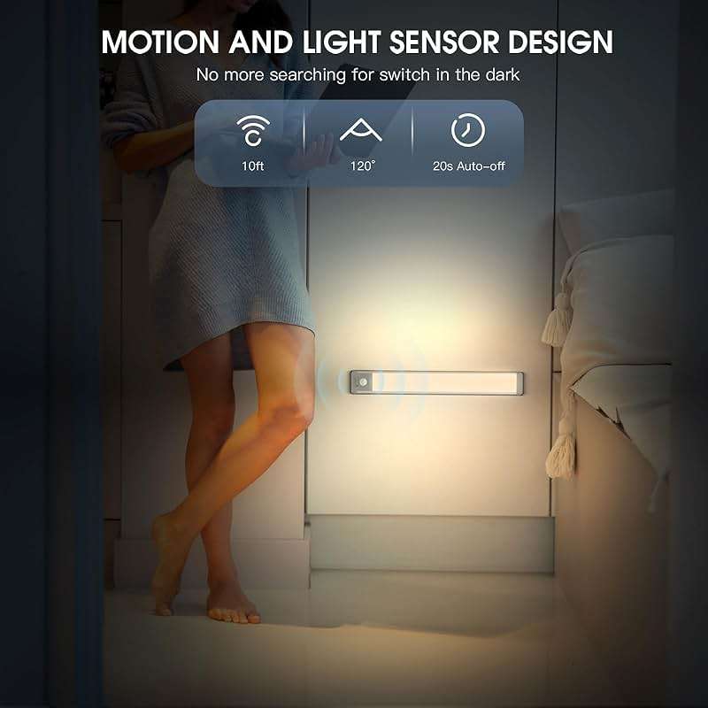 MCGOR 14.7inch Under Cabinet Lighting, 2 Pack Rechargeable Motion Sensor Light Indoor, 5 Levels Dimmable Magnetic Closet Lights, Wireless Under Counter Lights for Kitchen, Stairs,Hallway - Image 5
