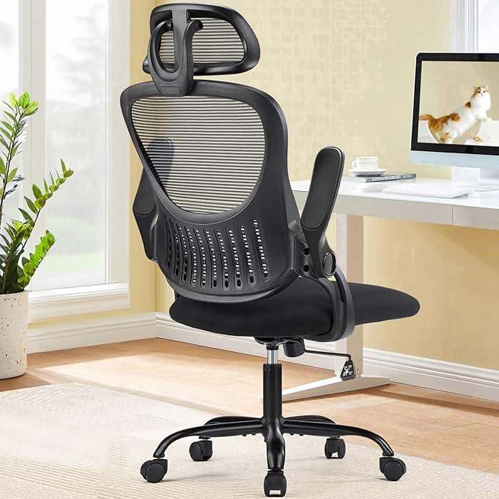 Sweetcrispy Office Computer Desk Chair, Ergonomic High-Back Mesh Rolling Work Chairs with Wheels and Adjustable Headrests, Comfortable Lumbar Support, Comfy Flip-up Arms for Home, Bedroom, Study,Black - Image 1