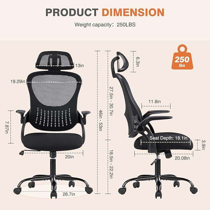 Sweetcrispy Office Computer Desk Chair, Ergonomic High-Back Mesh Rolling Work Chairs with Wheels and Adjustable Headrests, Comfortable Lumbar Support, Comfy Flip-up Arms for Home, Bedroom, Study,Black - Image 2