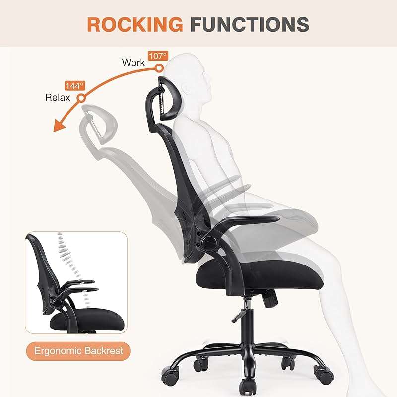 Sweetcrispy Office Computer Desk Chair, Ergonomic High-Back Mesh Rolling Work Chairs with Wheels and Adjustable Headrests, Comfortable Lumbar Support, Comfy Flip-up Arms for Home, Bedroom, Study,Black - Image 5