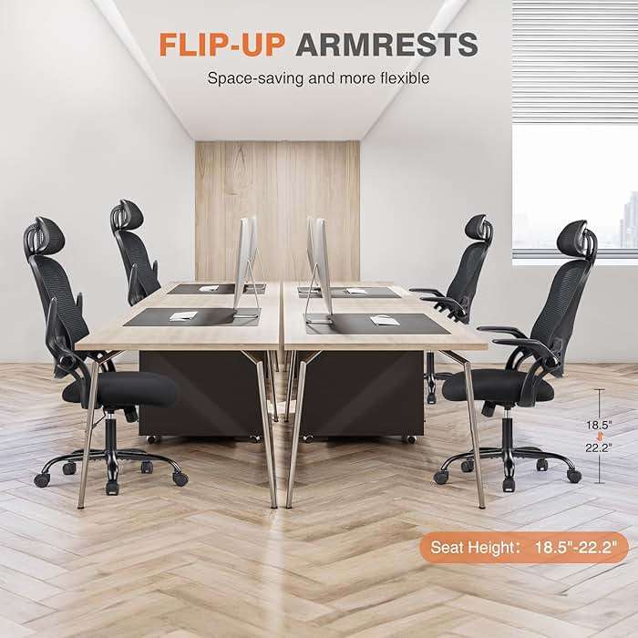 Sweetcrispy Office Computer Desk Chair, Ergonomic High-Back Mesh Rolling Work Chairs with Wheels and Adjustable Headrests, Comfortable Lumbar Support, Comfy Flip-up Arms for Home, Bedroom, Study,Black - Image 6