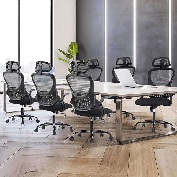 Sweetcrispy Office Computer Desk Chair, Ergonomic High-Back Mesh Rolling Work Chairs with Wheels and Adjustable Headrests, Comfortable Lumbar Support, Comfy Flip-up Arms for Home, Bedroom, Study,Black - Image 7