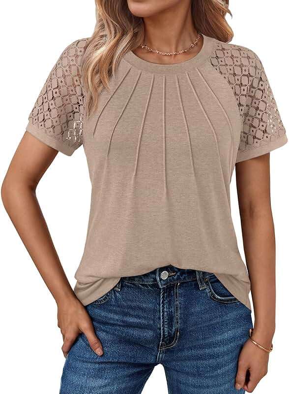 AUTOMET Women's Lace Short Sleeve Tops - Pleated Business Casual Work Shirts for Summer - Image 1