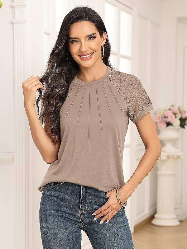 AUTOMET Women's Lace Short Sleeve Tops - Pleated Business Casual Work Shirts for Summer - Image 3