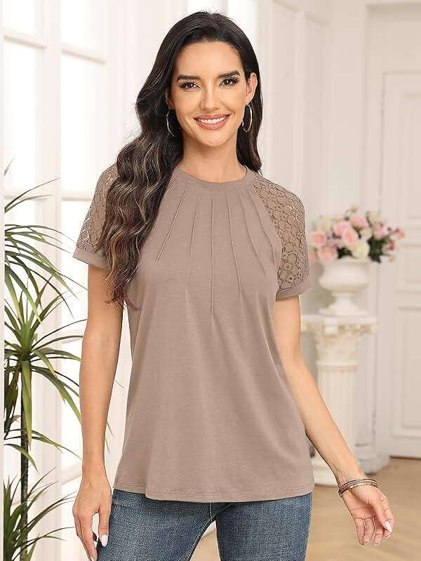 AUTOMET Women's Lace Short Sleeve Tops - Pleated Business Casual Work Shirts for Summer - Image 2