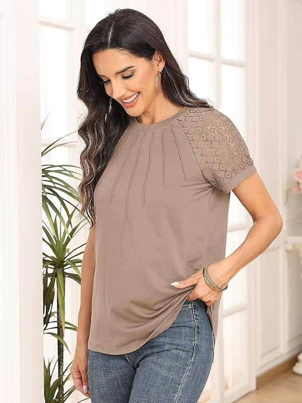AUTOMET Women's Lace Short Sleeve Tops - Pleated Business Casual Work Shirts for Summer - Image 4