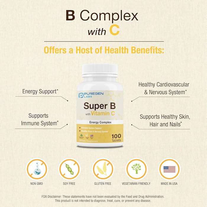 Puregen Labs Super B Energy Complex with Vitamin C - Immune Health, Energy & Nervous System Support - Non-GMO, Gluten-Free 100 Vegetarian Tablets - Image 4