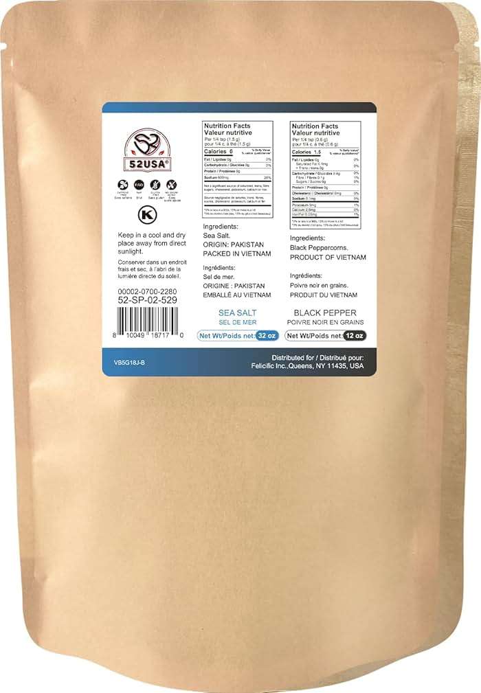 52USA Black Peppercorns 12 oz and Coarse Sea Salt 2 lbs, Salt and Pepper for Grinder Refill, Whole Peppercorns - Image 2