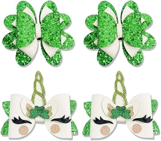 4 Pcs St. Patricks Day Hair Bow Clips Glitter Sequin Shamrock Unicorn Bow Clips Leather Hair Bows Alligator Barrettes St Patrick Hair Accessories for Kids Toddlers Girls - Image 1
