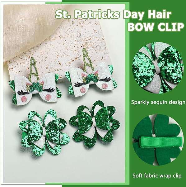 4 Pcs St. Patricks Day Hair Bow Clips Glitter Sequin Shamrock Unicorn Bow Clips Leather Hair Bows Alligator Barrettes St Patrick Hair Accessories for Kids Toddlers Girls - Image 2