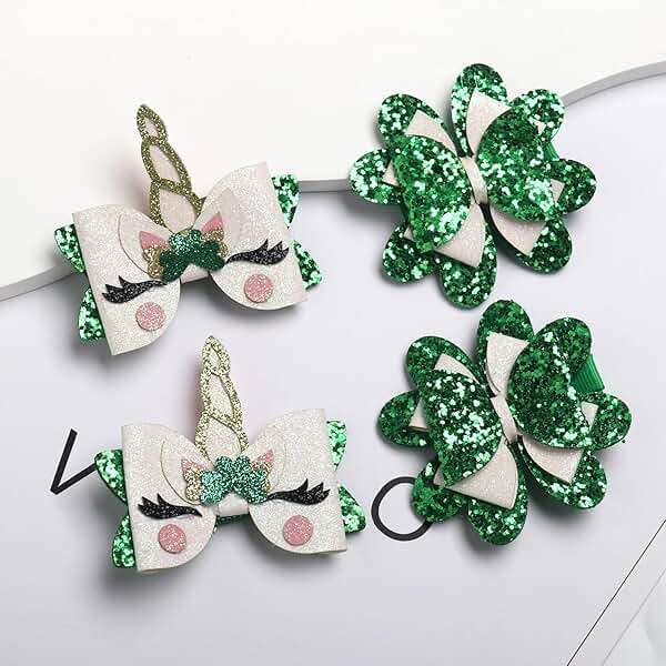 4 Pcs St. Patricks Day Hair Bow Clips Glitter Sequin Shamrock Unicorn Bow Clips Leather Hair Bows Alligator Barrettes St Patrick Hair Accessories for Kids Toddlers Girls - Image 6