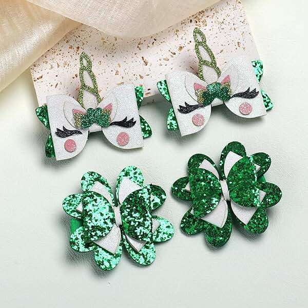 4 Pcs St. Patricks Day Hair Bow Clips Glitter Sequin Shamrock Unicorn Bow Clips Leather Hair Bows Alligator Barrettes St Patrick Hair Accessories for Kids Toddlers Girls - Image 7