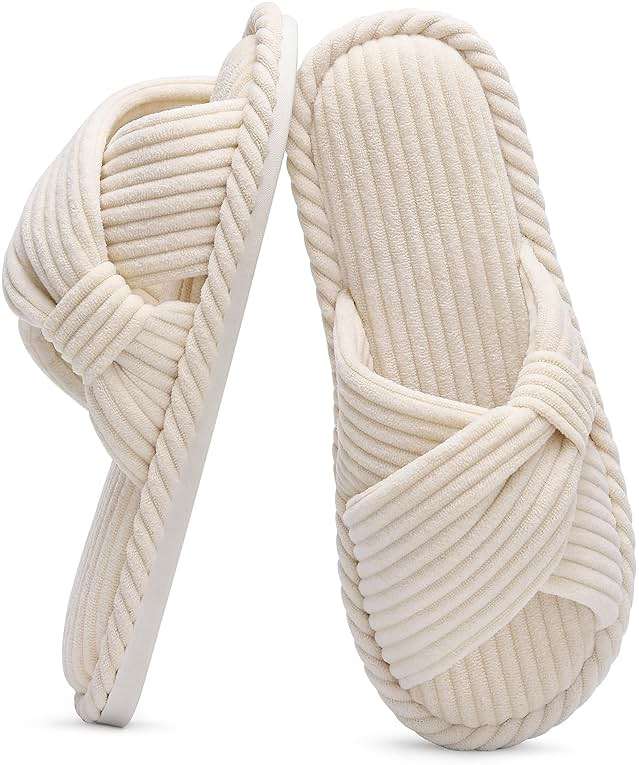 Evshine Summer House Slippers for Women Corduroy Cross Bow Indoor Slippers Open Toe Slip On Bedroom Shoes with Memory Foam - Image 1