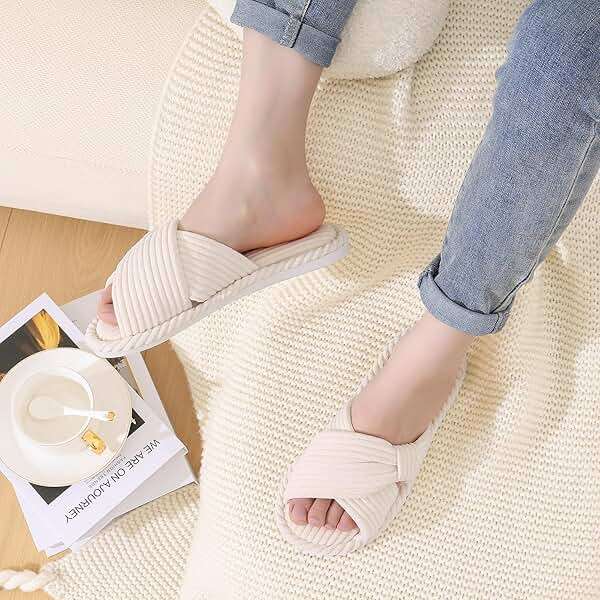 Evshine Summer House Slippers for Women Corduroy Cross Bow Indoor Slippers Open Toe Slip On Bedroom Shoes with Memory Foam - Image 2