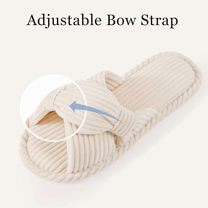 Evshine Summer House Slippers for Women Corduroy Cross Bow Indoor Slippers Open Toe Slip On Bedroom Shoes with Memory Foam - Image 3
