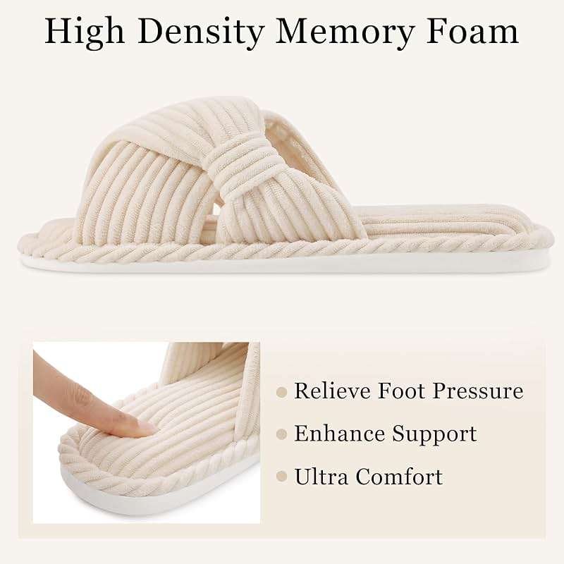 Evshine Summer House Slippers for Women Corduroy Cross Bow Indoor Slippers Open Toe Slip On Bedroom Shoes with Memory Foam - Image 4