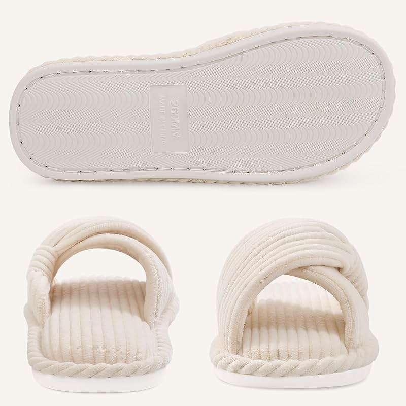 Evshine Summer House Slippers for Women Corduroy Cross Bow Indoor Slippers Open Toe Slip On Bedroom Shoes with Memory Foam - Image 5