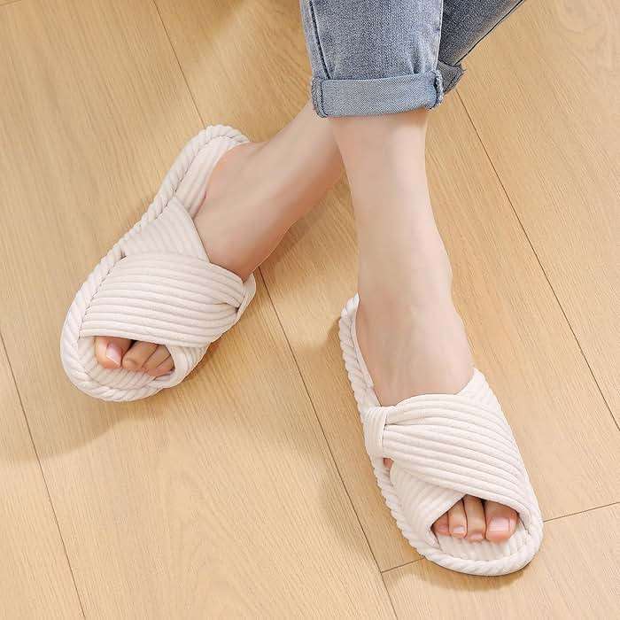 Evshine Summer House Slippers for Women Corduroy Cross Bow Indoor Slippers Open Toe Slip On Bedroom Shoes with Memory Foam - Image 6