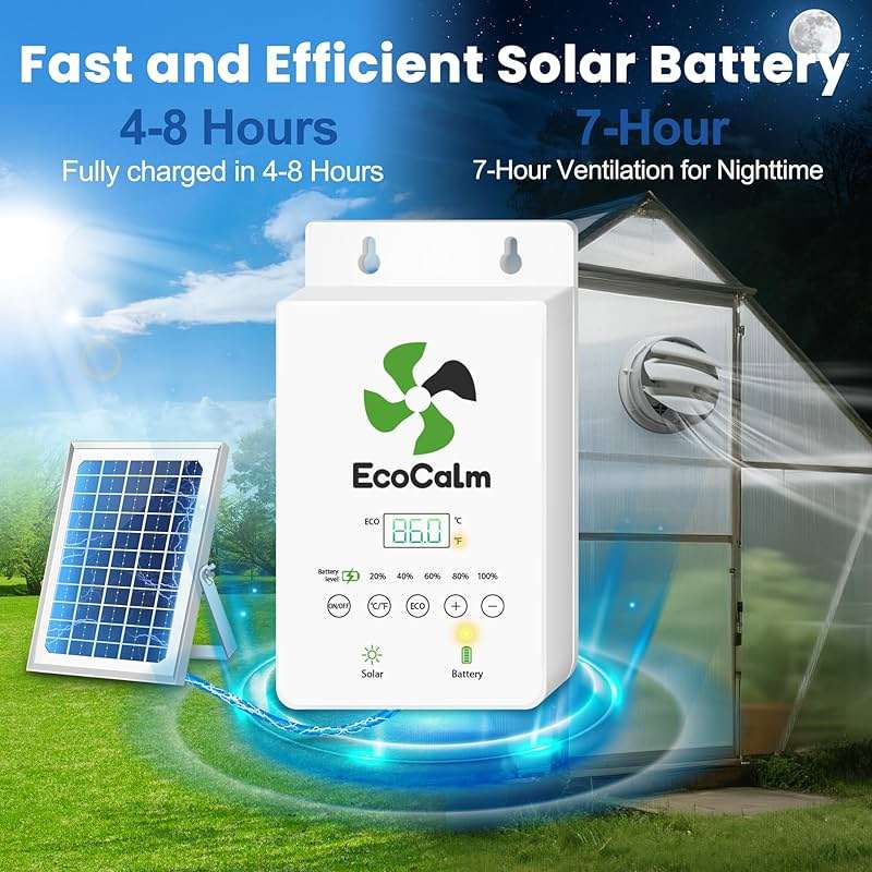 ecoCalm Solar Fan with Battery and Adjustable Thermostat, 8" Solar Powered Fans for Shed with 25W Bifacial Solar Panel & Exhaust Fan for Greenhouse/Outside with Anti-backflow Valve - Image 3