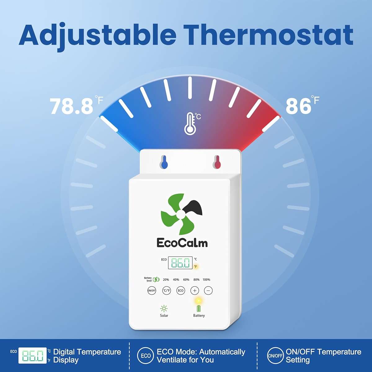 ecoCalm Solar Fan with Battery and Adjustable Thermostat, 8" Solar Powered Fans for Shed with 25W Bifacial Solar Panel & Exhaust Fan for Greenhouse/Outside with Anti-backflow Valve - Image 5