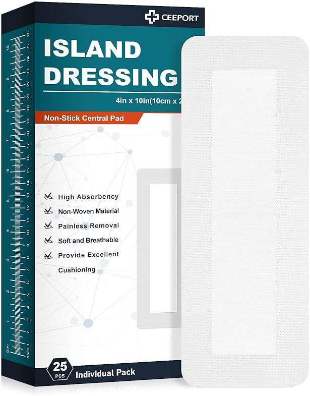 Ceeport Island Dressing Bordered Gauze 4"x10", 25 Individually Packed Non-Stick Pad in Center with Adhesive Border,Soft & Highly Absorbent Medical Grade Dressing Gauze Pad for Wound Care and First Aid - Image 1