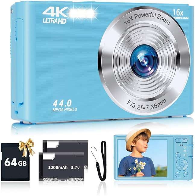 SMARTKLIK Digital Camera for Teens, FHD 4K 44MP with 64GB SD Card, 16X Digital Zoom, Compact Point Shoot Camera Blue - Image 1