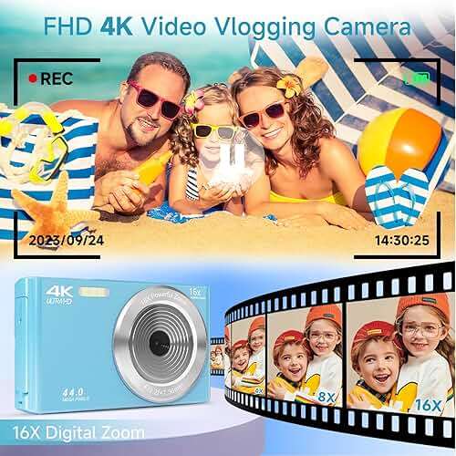 SMARTKLIK Digital Camera for Teens, FHD 4K 44MP with 64GB SD Card, 16X Digital Zoom, Compact Point Shoot Camera Blue - Image 3