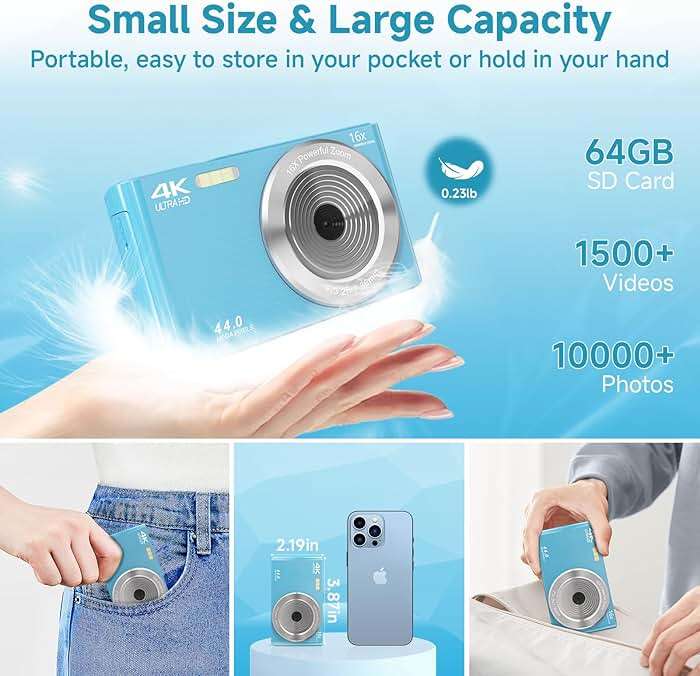 SMARTKLIK Digital Camera for Teens, FHD 4K 44MP with 64GB SD Card, 16X Digital Zoom, Compact Point Shoot Camera Blue - Image 6