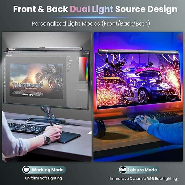 Quntis Monitor Light RGB PRO Backlight, Eye-Care Dual Light Computer Light Bar Gaming Office Desk Lamp, 15 Modes Dimmable Backlight, 3 Color Temperature Adjustable Brightness, Ra95 Screen Light Bar - Image 3