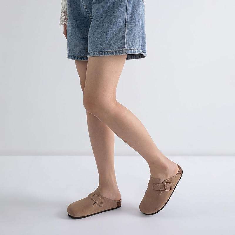 IIITHREE Women's Suede Clogs Cork Footbed Clogs for Women Soft Leather Adjustable Buckle Slip-on Potato Shoes Sandals - Image 2
