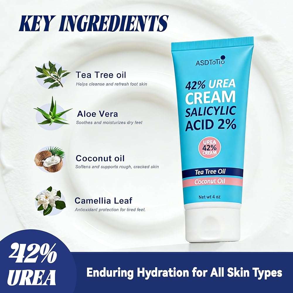 ASDToTio Urea Cream 42% - Foot Care for Dry Cracked Heels, Foot Lotion - With 2% Salicylic Acid, Tea Tree Oil, Shea Butter, Aloe Vera - For Feet, Hands, Heels, Elbows, Knees and More - 4 oz - Image 2