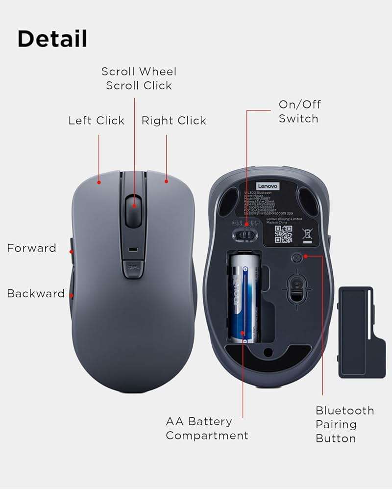 Lenovo Bluetooth Silent Mouse (WL300) - 5 Button Computer Mouse with Silent Left & Right Click – Sculpted Grip, Microsoft Swift Pair, Up to 1600 DPI (Grey) - Image 7