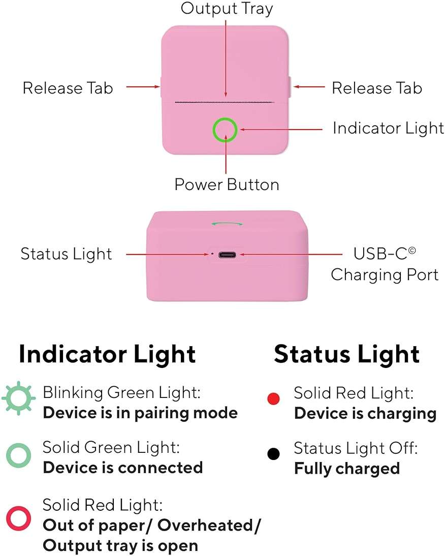 Core Innovations Mini Portable Thermal Printer, Bluetooth Wireless Inkless Printer with 3 Adhesive Rolls and 2 Non-Adhesive Rolls for iOS Monochrome Label, Note and Sticker Printer, 200 DPI, Pink - Image 3