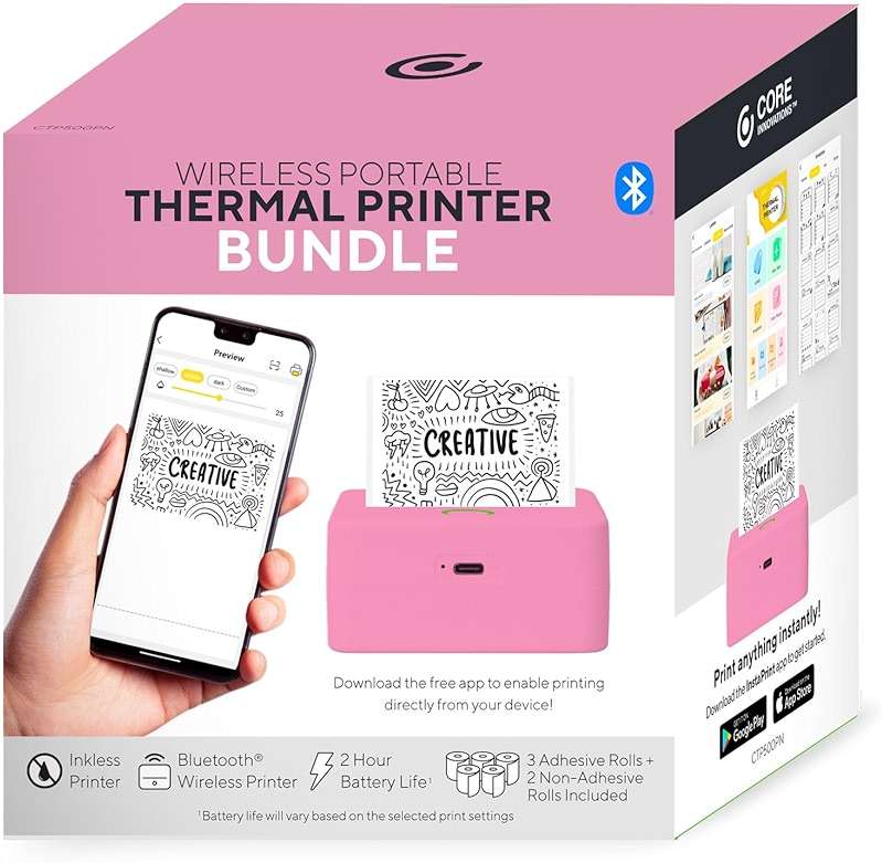 Core Innovations Mini Portable Thermal Printer, Bluetooth Wireless Inkless Printer with 3 Adhesive Rolls and 2 Non-Adhesive Rolls for iOS Monochrome Label, Note and Sticker Printer, 200 DPI, Pink - Image 4