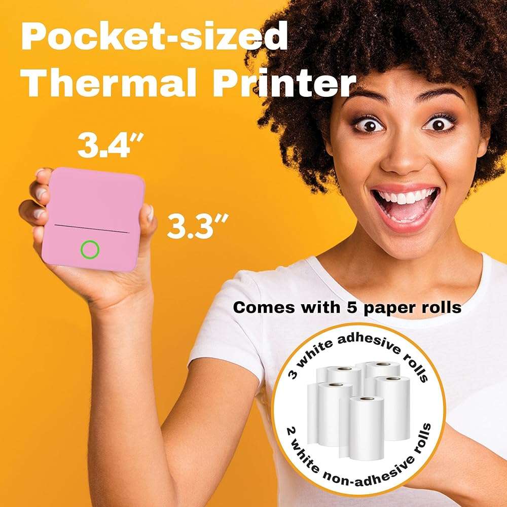 Core Innovations Mini Portable Thermal Printer, Bluetooth Wireless Inkless Printer with 3 Adhesive Rolls and 2 Non-Adhesive Rolls for iOS Monochrome Label, Note and Sticker Printer, 200 DPI, Pink - Image 5