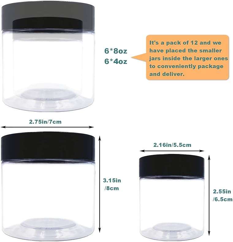 8 oz Plastic Containers with Lids and 4oz Small Containers (Set of 12) Plastic Jars with Lids Cosmetic Jar for Body Butter, Bath Salt, Slime and Beauty Product - Image 2