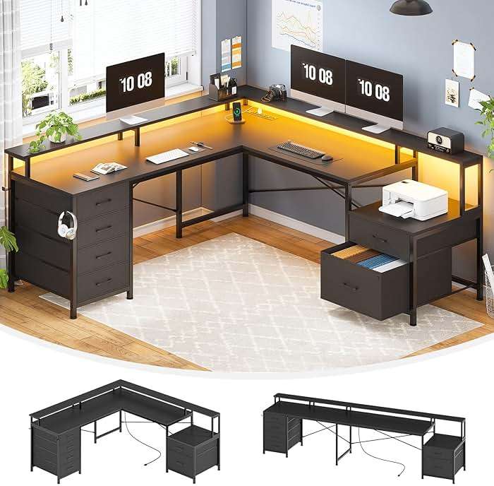 SEDETA L Shaped Desk with 6 Drawer, 108" Home Office Desk with File Drawer & Power Outlet, Corner Computer Desk with Monitor Shelf, File Cabinet, Two Person Desk, Gaming Desk with Led Lights, Black - Image 1