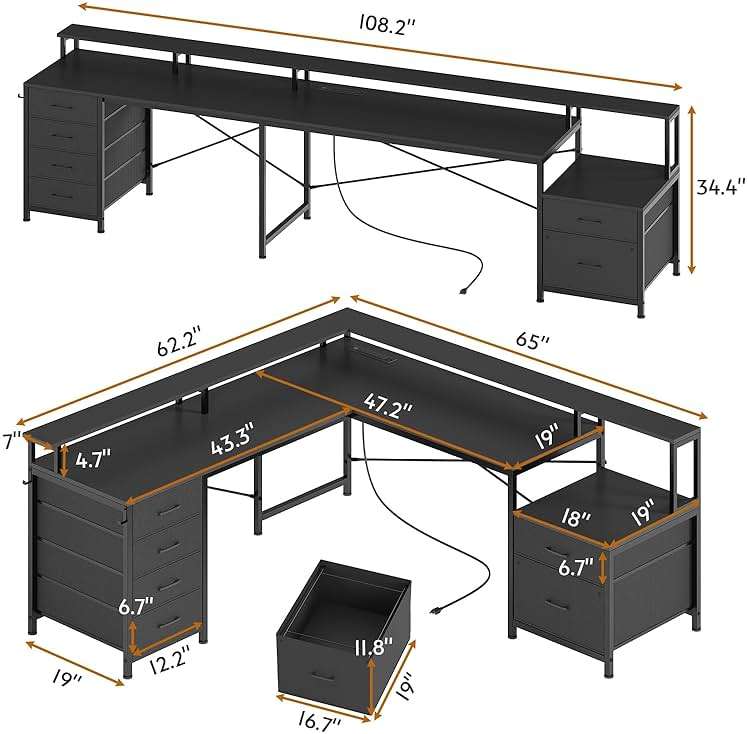 SEDETA L Shaped Desk with 6 Drawer, 108" Home Office Desk with File Drawer & Power Outlet, Corner Computer Desk with Monitor Shelf, File Cabinet, Two Person Desk, Gaming Desk with Led Lights, Black - Image 3