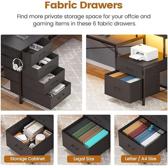 SEDETA L Shaped Desk with 6 Drawer, 108" Home Office Desk with File Drawer & Power Outlet, Corner Computer Desk with Monitor Shelf, File Cabinet, Two Person Desk, Gaming Desk with Led Lights, Black - Image 4