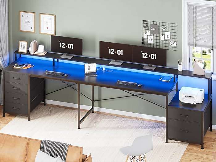SEDETA L Shaped Desk with 6 Drawer, 108" Home Office Desk with File Drawer & Power Outlet, Corner Computer Desk with Monitor Shelf, File Cabinet, Two Person Desk, Gaming Desk with Led Lights, Black - Image 7