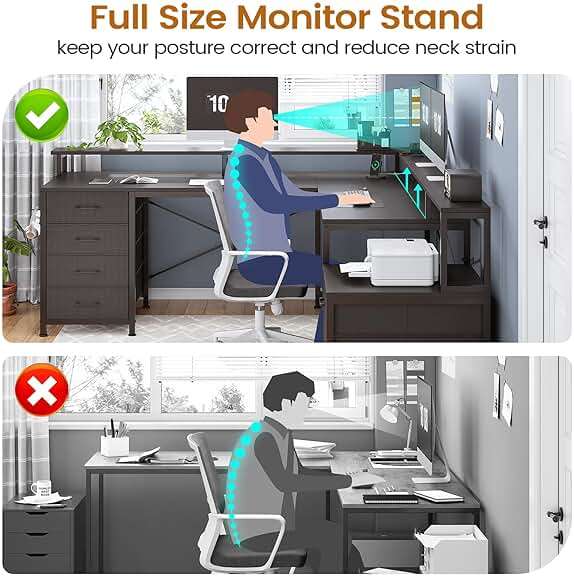 SEDETA L Shaped Desk with 6 Drawer, 108" Home Office Desk with File Drawer & Power Outlet, Corner Computer Desk with Monitor Shelf, File Cabinet, Two Person Desk, Gaming Desk with Led Lights, Black - Image 8