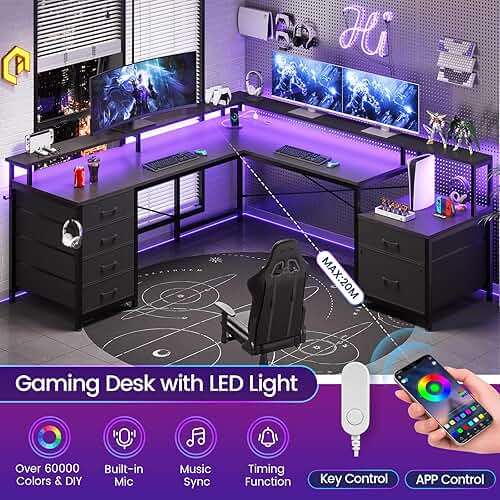 SEDETA L Shaped Desk with 6 Drawer, 108" Home Office Desk with File Drawer & Power Outlet, Corner Computer Desk with Monitor Shelf, File Cabinet, Two Person Desk, Gaming Desk with Led Lights, Black - Image 9