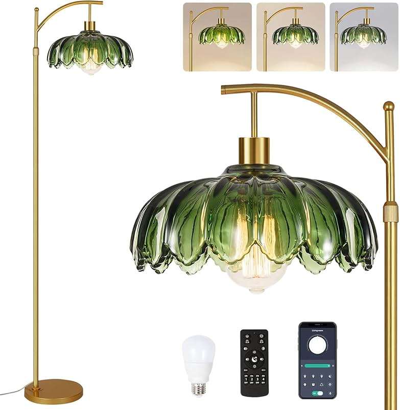 ILLMTW Gold Floor Lamp for Living Room,Bedroom,Mid Century Modern Standing Lamp with Remote,Dimmable Brass Tall Lamp Vintage Retro Green Glass Arc Floor Flower Floor Light Boho Bohemian - Image 1