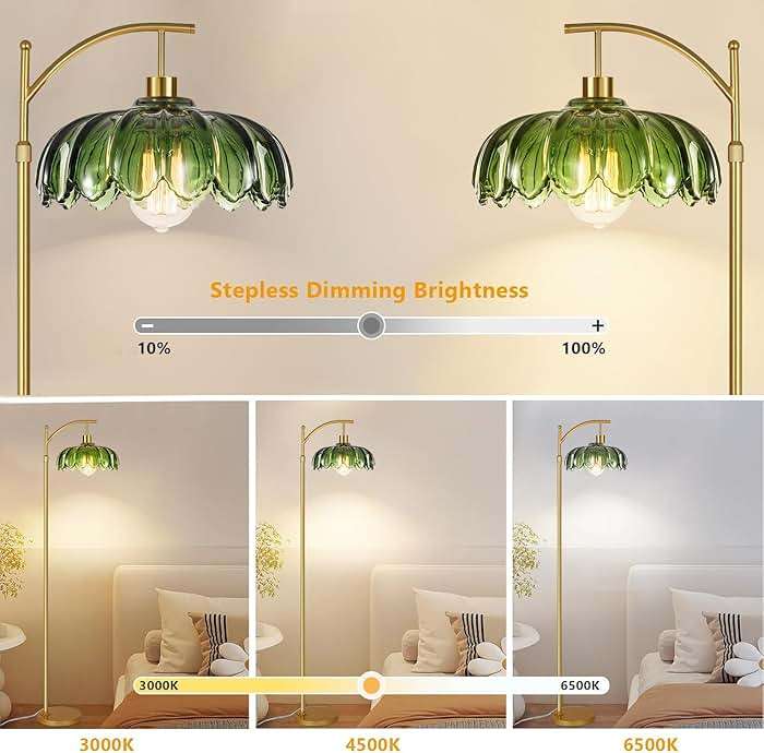 ILLMTW Gold Floor Lamp for Living Room,Bedroom,Mid Century Modern Standing Lamp with Remote,Dimmable Brass Tall Lamp Vintage Retro Green Glass Arc Floor Flower Floor Light Boho Bohemian - Image 2