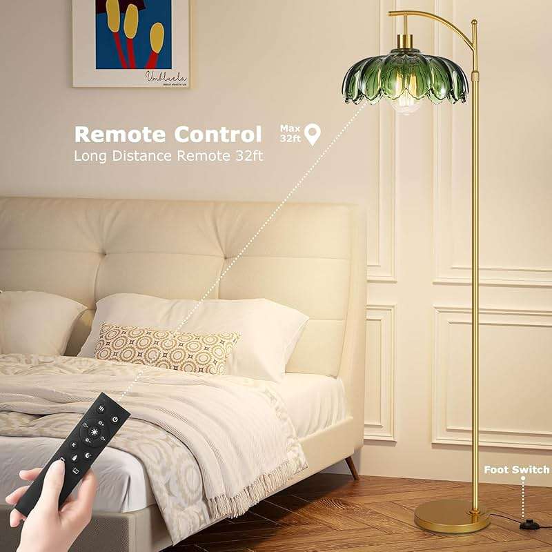 ILLMTW Gold Floor Lamp for Living Room,Bedroom,Mid Century Modern Standing Lamp with Remote,Dimmable Brass Tall Lamp Vintage Retro Green Glass Arc Floor Flower Floor Light Boho Bohemian - Image 3