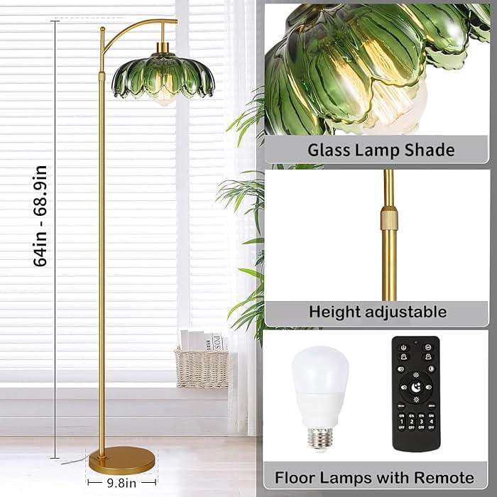 ILLMTW Gold Floor Lamp for Living Room,Bedroom,Mid Century Modern Standing Lamp with Remote,Dimmable Brass Tall Lamp Vintage Retro Green Glass Arc Floor Flower Floor Light Boho Bohemian - Image 6