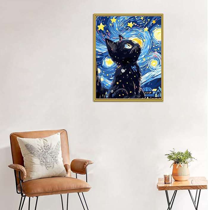 Yunnuo Paint by Numbers Kit for Adults Beginners Cat, Starry Night Black Cat Number Painting Set Craft Supplies, 3 Paintbrushes and Acrylic Paint 16x20 Inch Canvas,Home Wall Decor - Image 3