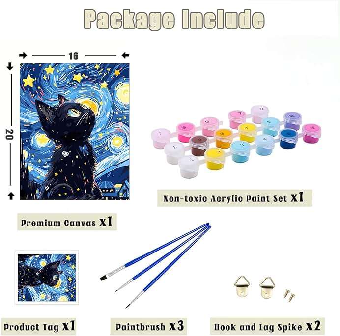 Yunnuo Paint by Numbers Kit for Adults Beginners Cat, Starry Night Black Cat Number Painting Set Craft Supplies, 3 Paintbrushes and Acrylic Paint 16x20 Inch Canvas,Home Wall Decor - Image 5